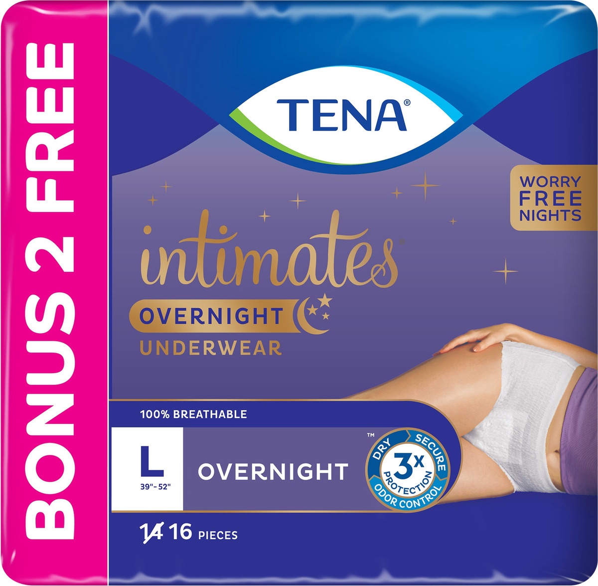 slide 3 of 5, Tena Intimates Incontinence Overnight Underwear for Women, Size Large, 14+2 Bonus Pack, 16 ct