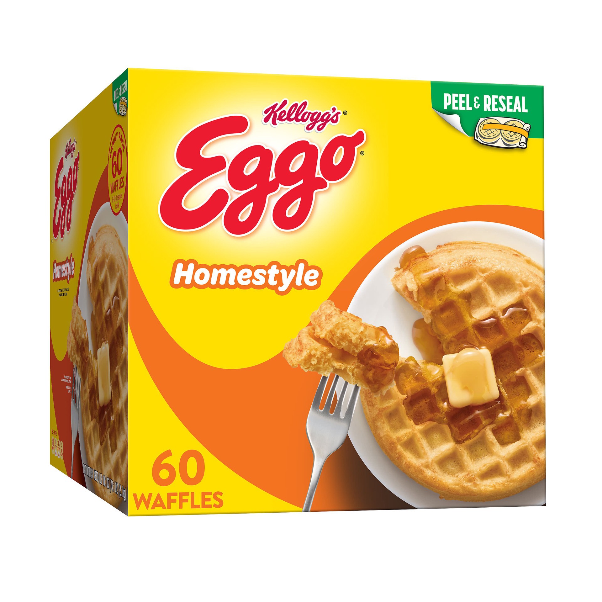 slide 1 of 5, Eggo Frozen Waffles, Frozen Breakfast, Resealable, Family Pack, Homestyle, 74.1oz Box, 60 Waffles, 74.10 oz