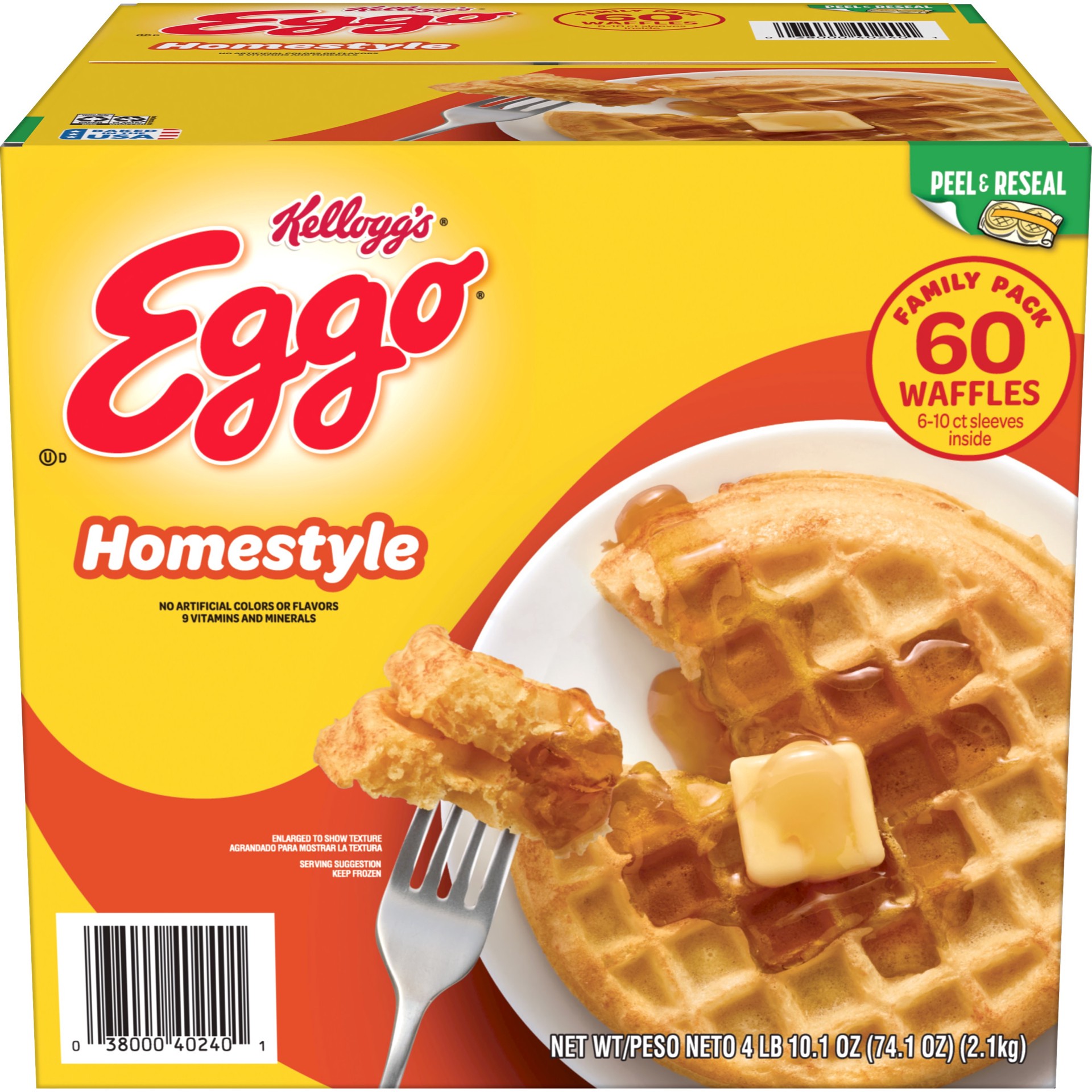 slide 1 of 5, Eggo Frozen Waffles, Frozen Breakfast, Breakfast Food, Family Pack, Homestyle, 74.1oz Box, 60 Waffles, 74.1 oz
