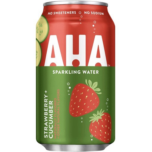 slide 1 of 1, AHA Sparkling Water, Strawberry Cucumber Flavored Water, Zero Calories, Sodium Free, No Sweeteners, 12 fl oz, 12 oz