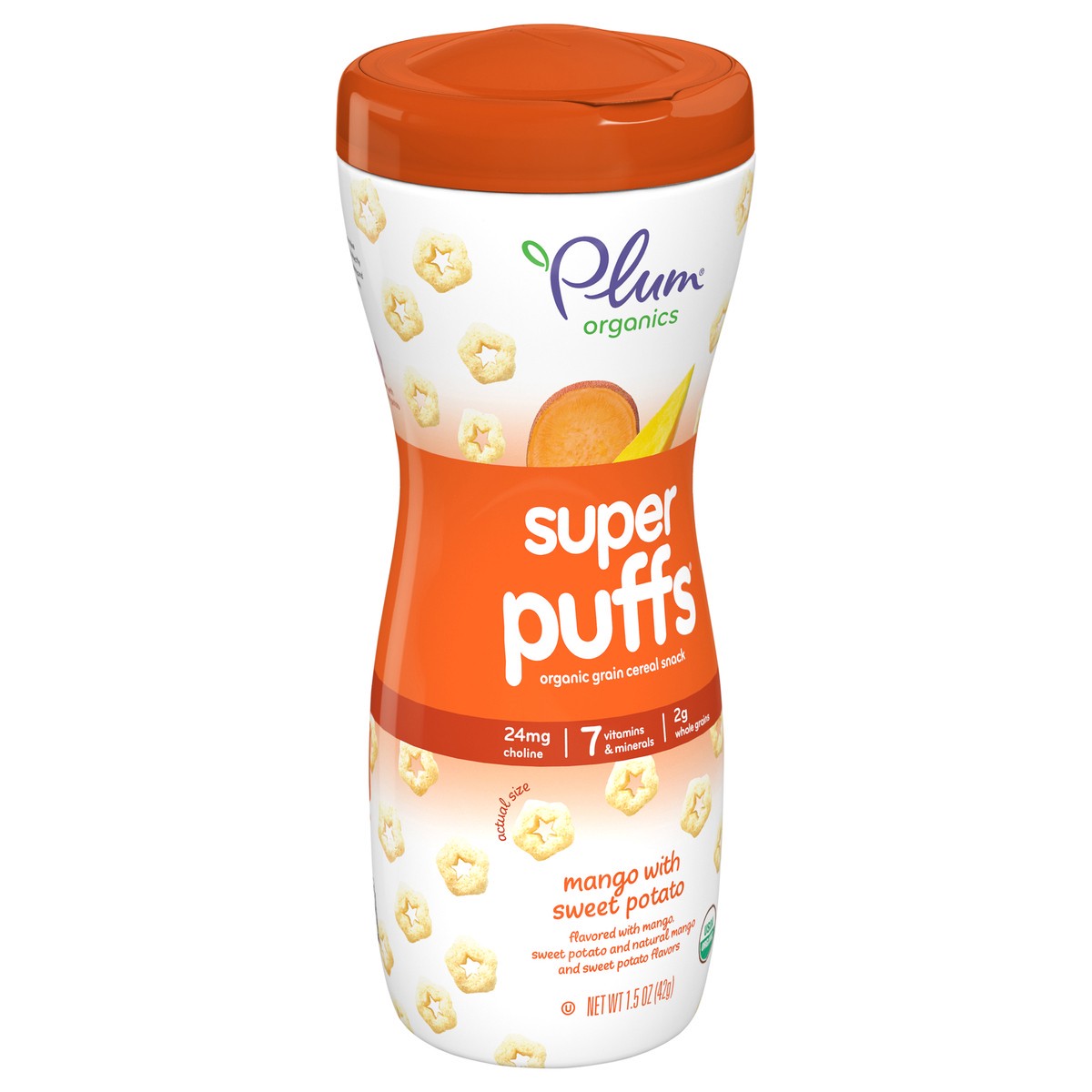 slide 3 of 7, Plum Organics Super Puffs Organic Grain Cereal Snack - Mango with Sweet Potato - 1.5 oz Canister, 1.5 oz