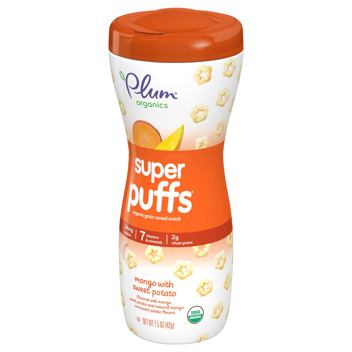 slide 2 of 7, Plum Organics Super Puffs Organic Grain Cereal Snack - Mango with Sweet Potato - 1.5 oz Canister, 1.5 oz