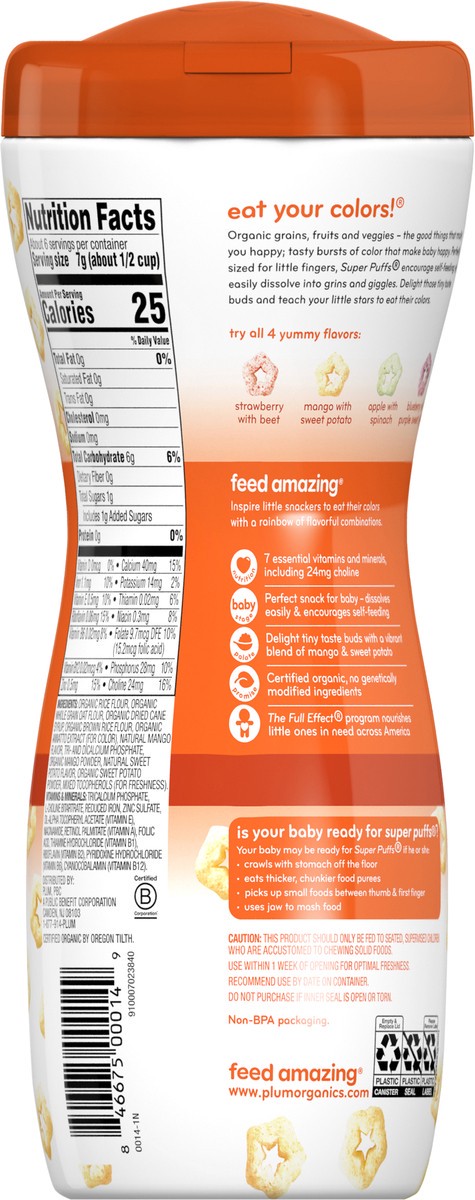 slide 4 of 7, Plum Organics Super Puffs Organic Grain Cereal Snack - Mango with Sweet Potato - 1.5 oz Canister, 1.5 oz