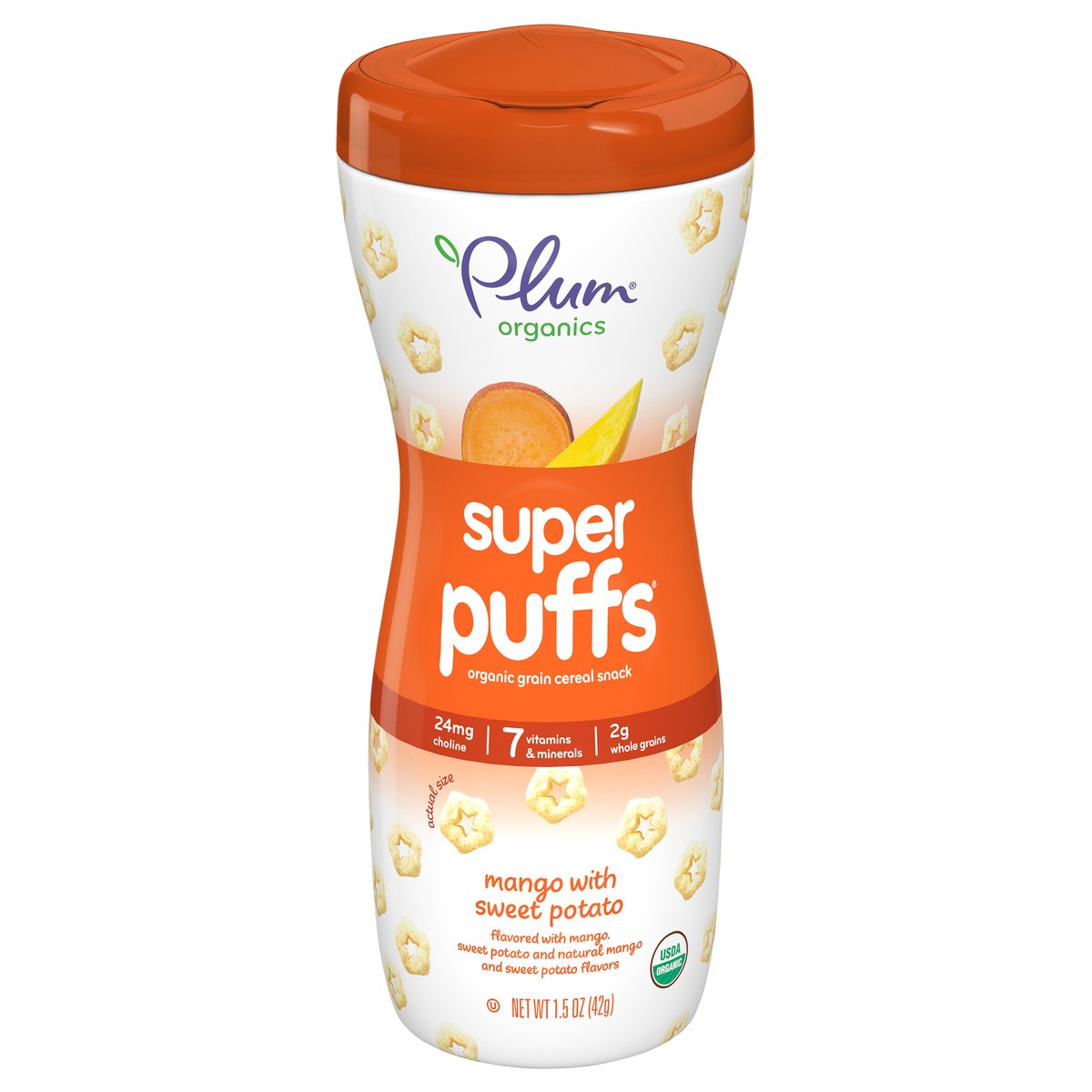 slide 1 of 7, Plum Organics Super Puffs Organic Grain Cereal Snack - Mango with Sweet Potato - 1.5 oz Canister, 1.5 oz