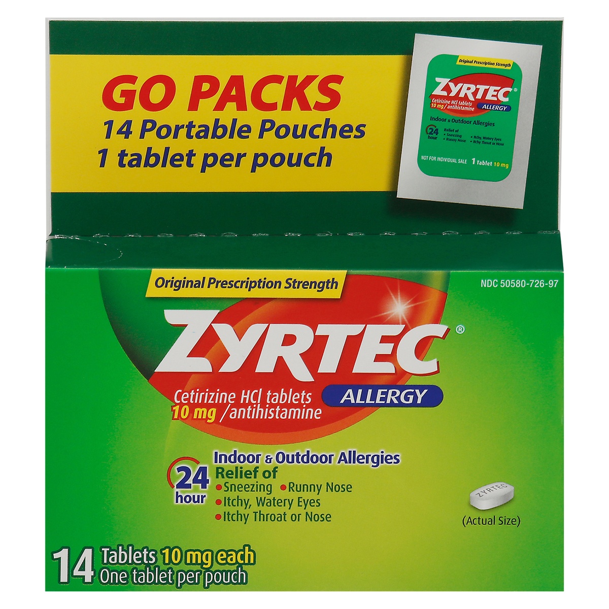 slide 1 of 9, Zyrtec 24 Hour Allergy Relief Tablets, Indoor & Outdoor Allergy Medicine with Cetirizine HCl per Antihistamine Tablet, On-the-Go Relief, Individual Travel Pouches, (14, 14 ct