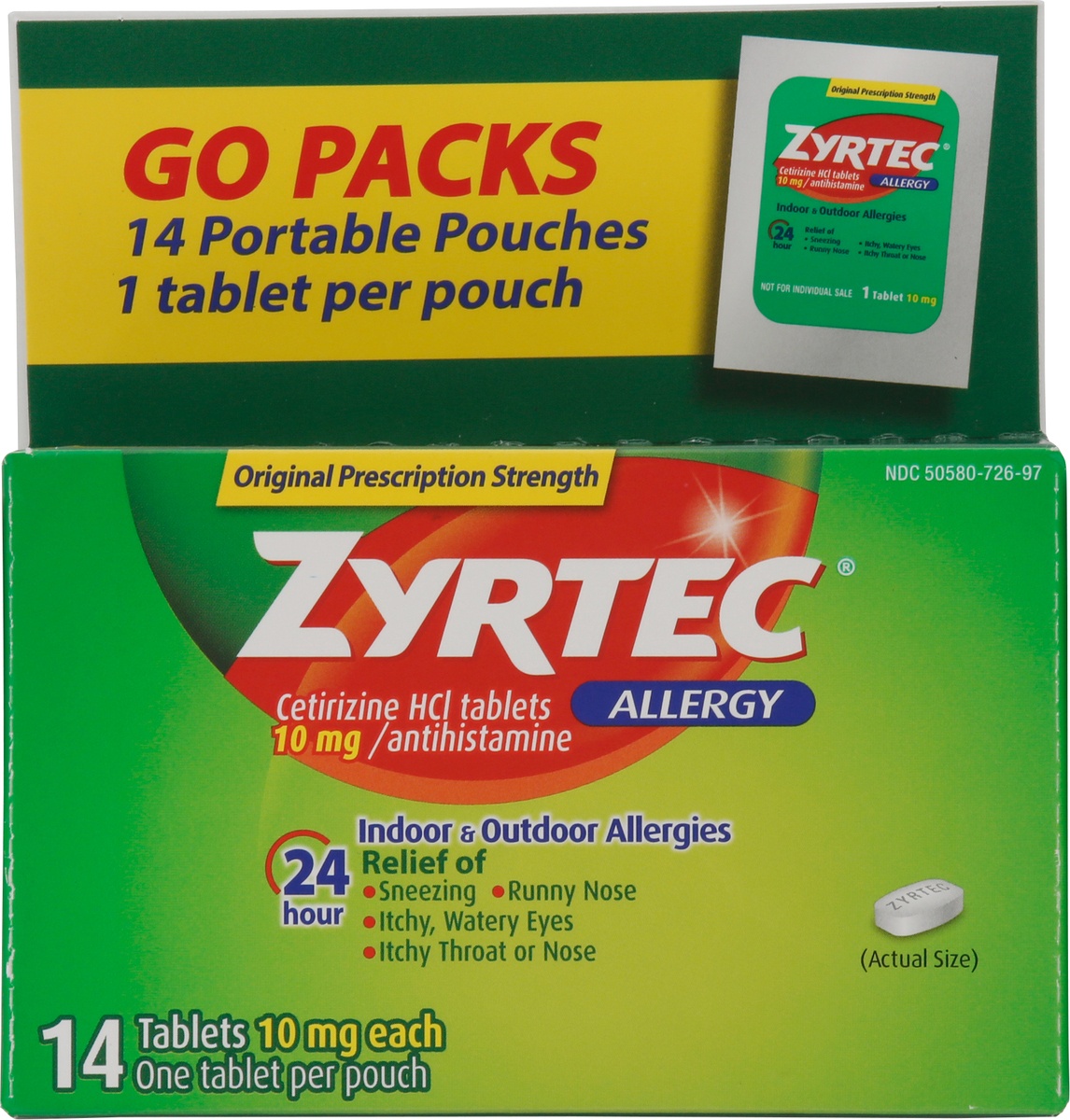 slide 3 of 9, Zyrtec 24 Hour Allergy Relief Tablets, Indoor & Outdoor Allergy Medicine with Cetirizine HCl per Antihistamine Tablet, On-the-Go Relief, Individual Travel Pouches, (14, 14 ct