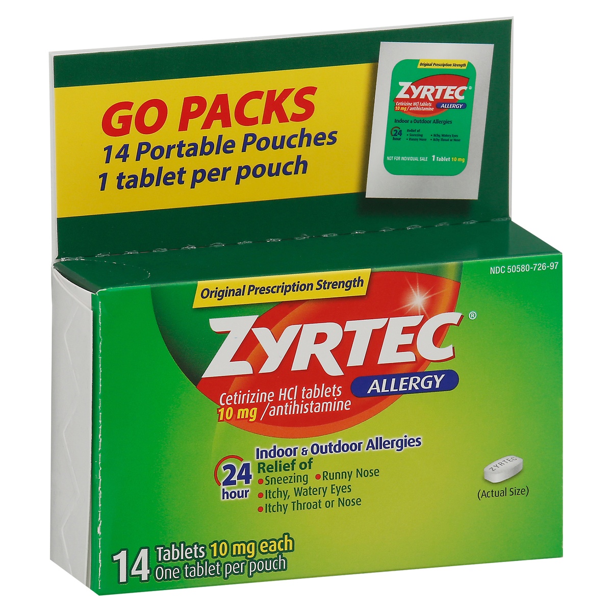 slide 5 of 9, Zyrtec 24 Hour Allergy Relief Tablets, Indoor & Outdoor Allergy Medicine with Cetirizine HCl per Antihistamine Tablet, On-the-Go Relief, Individual Travel Pouches, (14, 14 ct