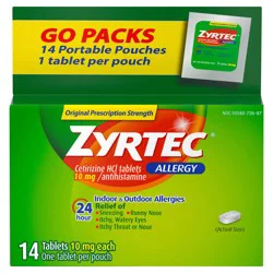 Zyrtec 24 Hour Allergy Relief Tablets, Indoor & Outdoor Allergy Medicine with 10 mg Cetirizine HCl per Antihistamine Tablet, On-the-Go Relief, Individual Travel Pouches, 14 ct, (14 x 1 ct)