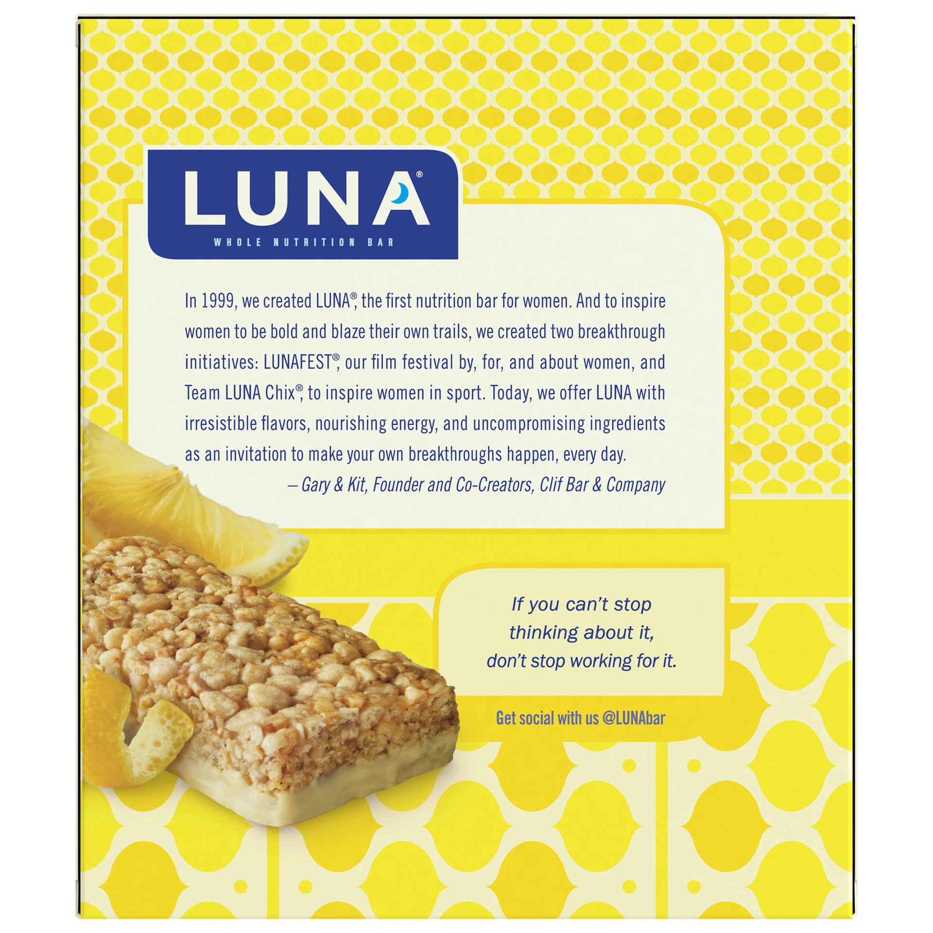 slide 2 of 7, LUNA Bar - LemonZest Flavor - Gluten-Free - Non-GMO - 7-9g Protein - Made with Organic Oats - Low Glycemic - Whole Nutrition Snack Bars - 1.69 oz. (6 Pack), 6 ct; 1.69 oz