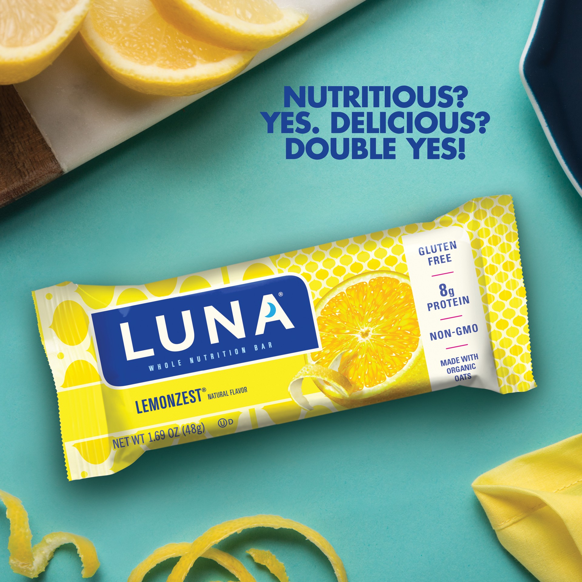 slide 3 of 7, LUNA Bar - LemonZest Flavor - Gluten-Free - Non-GMO - 7-9g Protein - Made with Organic Oats - Low Glycemic - Whole Nutrition Snack Bars - 1.69 oz. (6 Pack), 6 ct; 1.69 oz