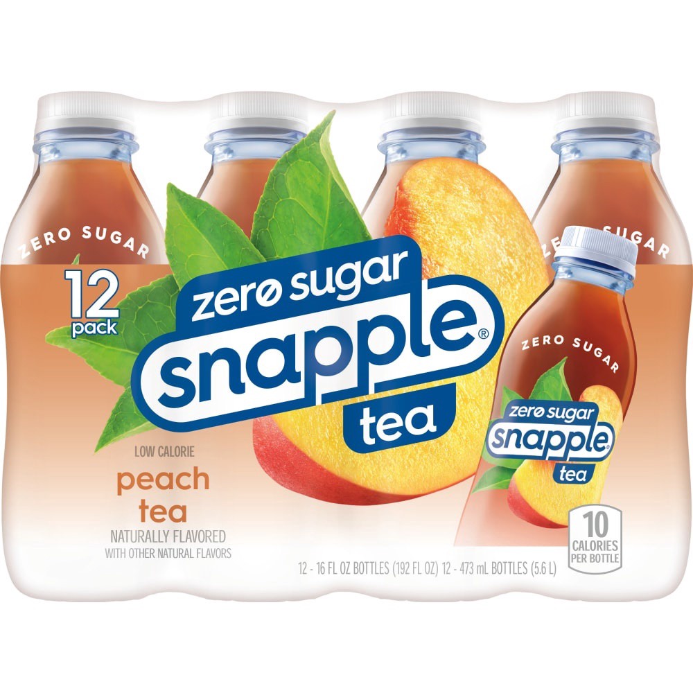 slide 4 of 6, Snapple Zero Sugar Peach Tea, 16 fl oz recycled plastic bottle, 12 pack, 12 ct; 16 fl oz