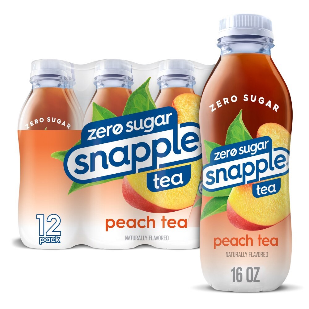 slide 1 of 6, Snapple Zero Sugar Peach Tea, 16 fl oz recycled plastic bottle, 12 pack, 12 ct; 16 fl oz