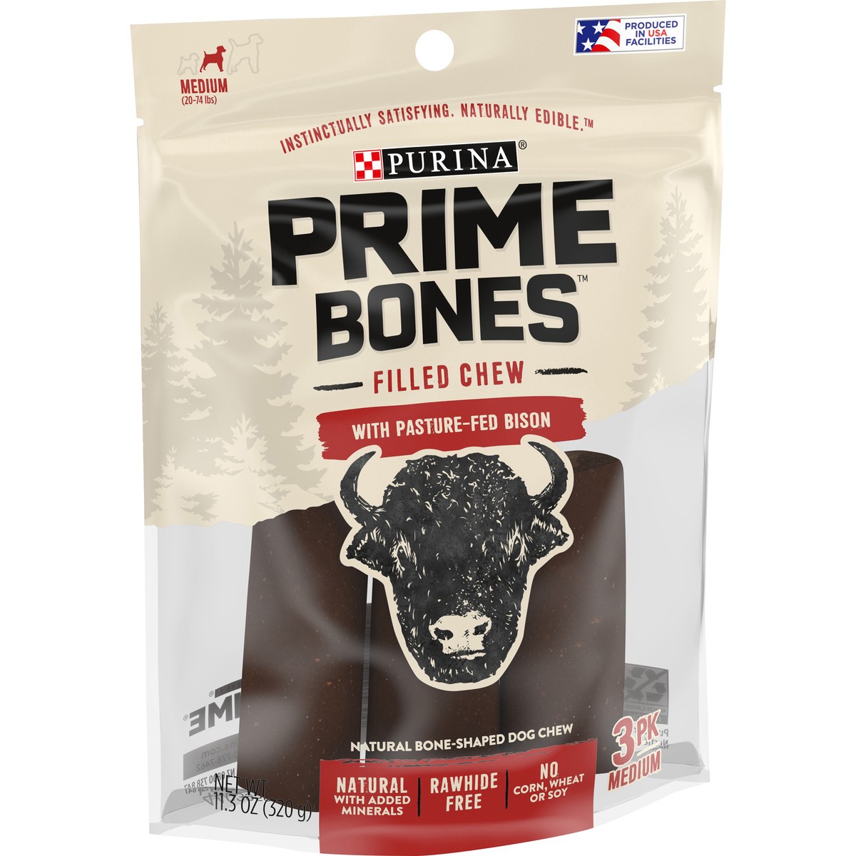 slide 7 of 9, Purina Prime Bones Dog Bone, Made in USA Facilities, Natural Medium Dog Treats, Filled Chew With Pasture-Fed Bison - 3 ct. Pouch, 3 ct