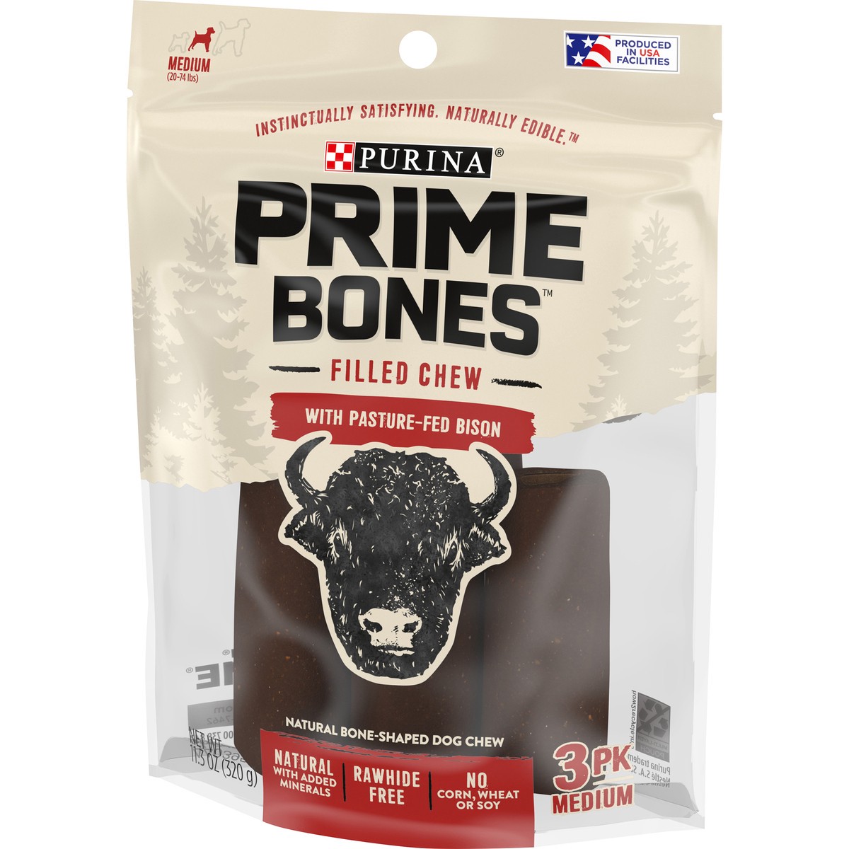 slide 3 of 9, Purina Prime Bones Dog Bone, Made in USA Facilities, Natural Medium Dog Treats, Filled Chew With Pasture-Fed Bison - 3 ct. Pouch, 3 ct