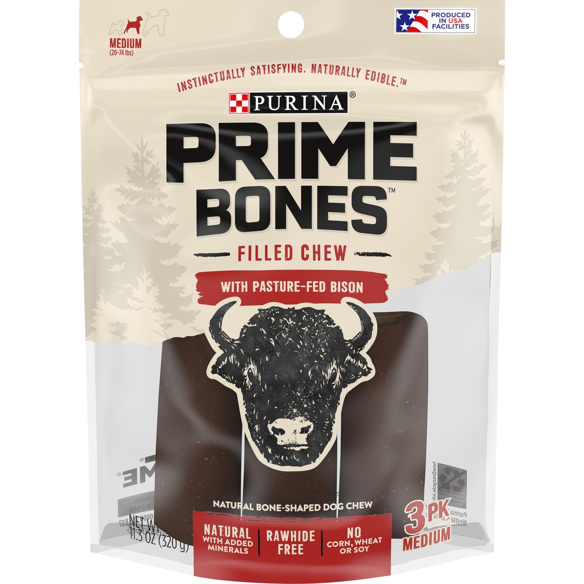 slide 2 of 9, Purina Prime Bones Dog Bone, Made in USA Facilities, Natural Medium Dog Treats, Filled Chew With Pasture-Fed Bison - 3 ct. Pouch, 3 ct