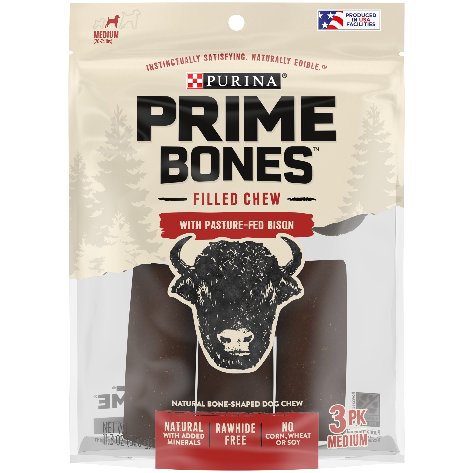 slide 1 of 9, Purina Prime Bones Dog Bone, Made in USA Facilities, Natural Medium Dog Treats, Filled Chew With Pasture-Fed Bison - 3 ct. Pouch, 3 ct