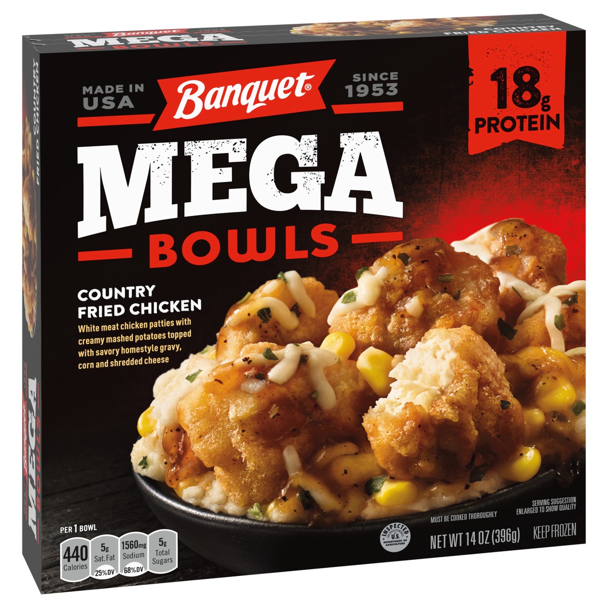 slide 10 of 11, Banquet Mega Bowls Frozen Meal, Country Fried Chicken, 14 Ounce, 14 oz