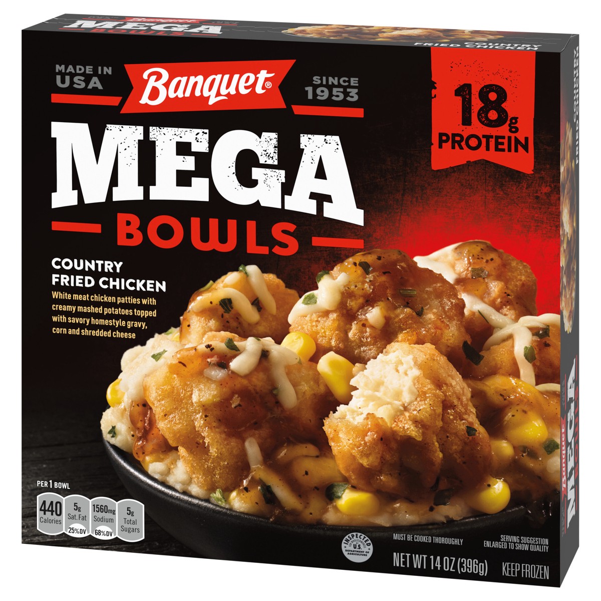 slide 9 of 11, Banquet Mega Bowls Frozen Meal, Country Fried Chicken, 14 Ounce, 14 oz