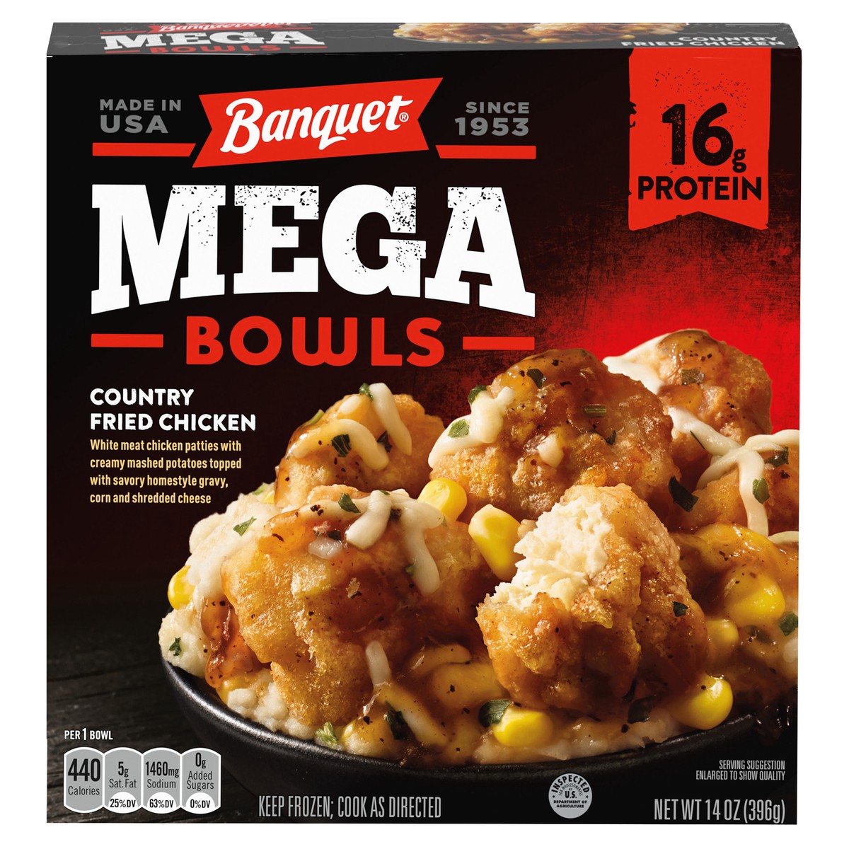 slide 1 of 11, Banquet Mega Bowls Frozen Meal, Country Fried Chicken, 14 Ounce, 14 oz