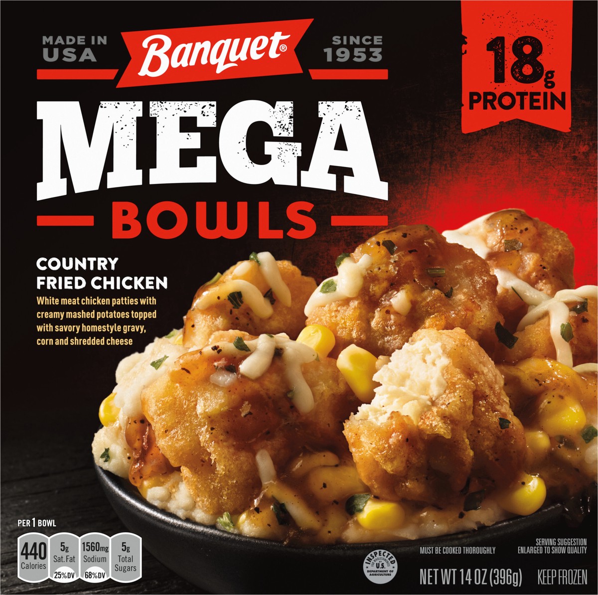 slide 11 of 11, Banquet Mega Bowls Frozen Meal, Country Fried Chicken, 14 Ounce, 14 oz