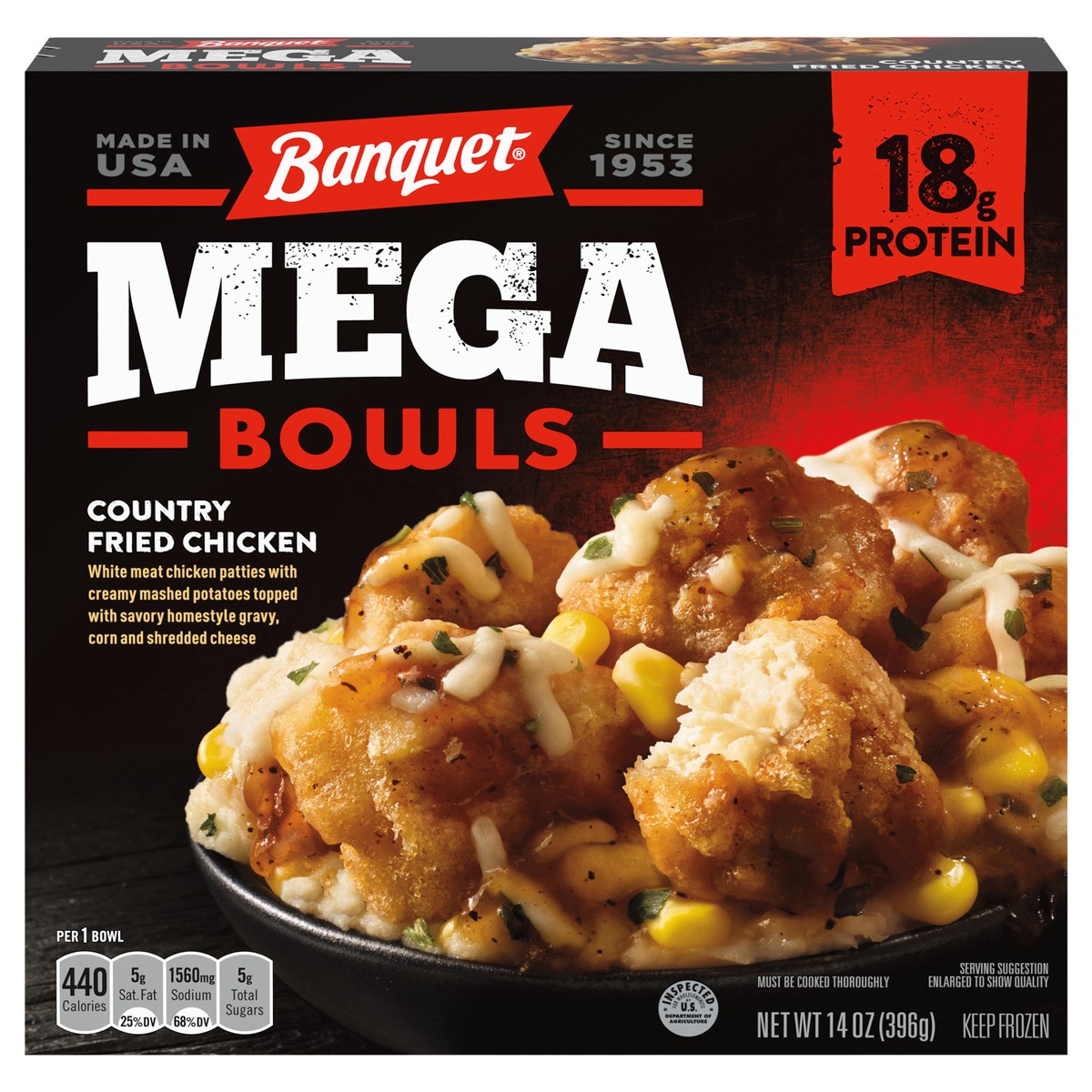 slide 4 of 11, Banquet Mega Bowls Frozen Meal, Country Fried Chicken, 14 Ounce, 14 oz