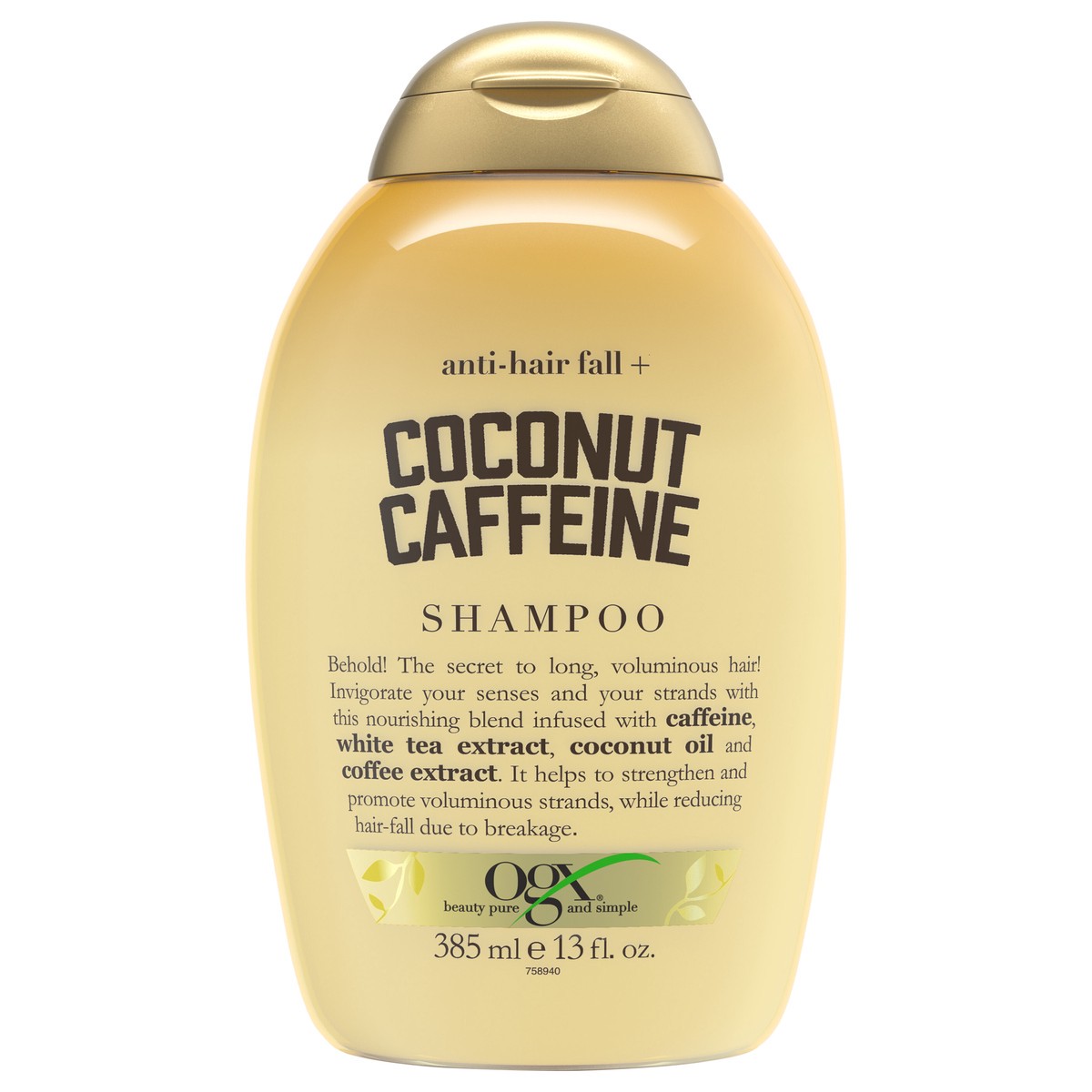 slide 1 of 9, OGX Anti-Hair Fall + Coconut Caffeine Strengthening Shampoo, 13 fl oz