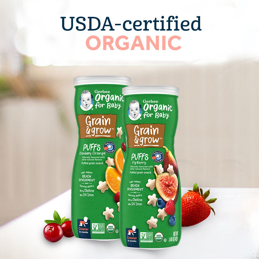 slide 5 of 5, Gerber 2nd Foods Organic for Baby Grain & Grow Puffs, Fig Berry, 1.48 oz Canister, 1.48 oz