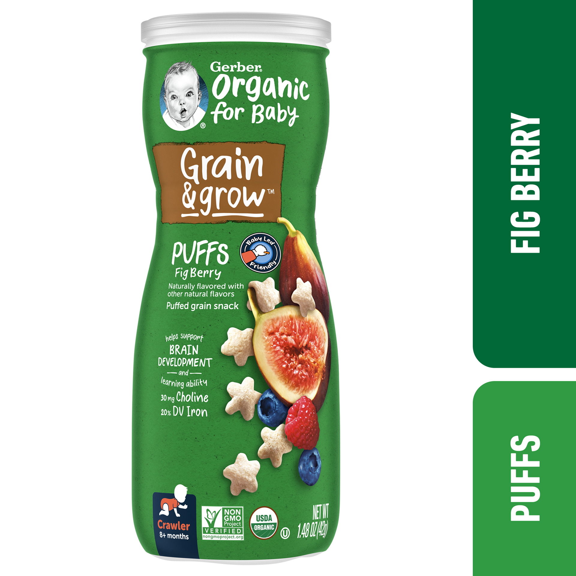 slide 1 of 5, Gerber Stage 3 Baby Food Snacks, Fig Berry Puffs, 1.48 oz Canister, 1.48 oz