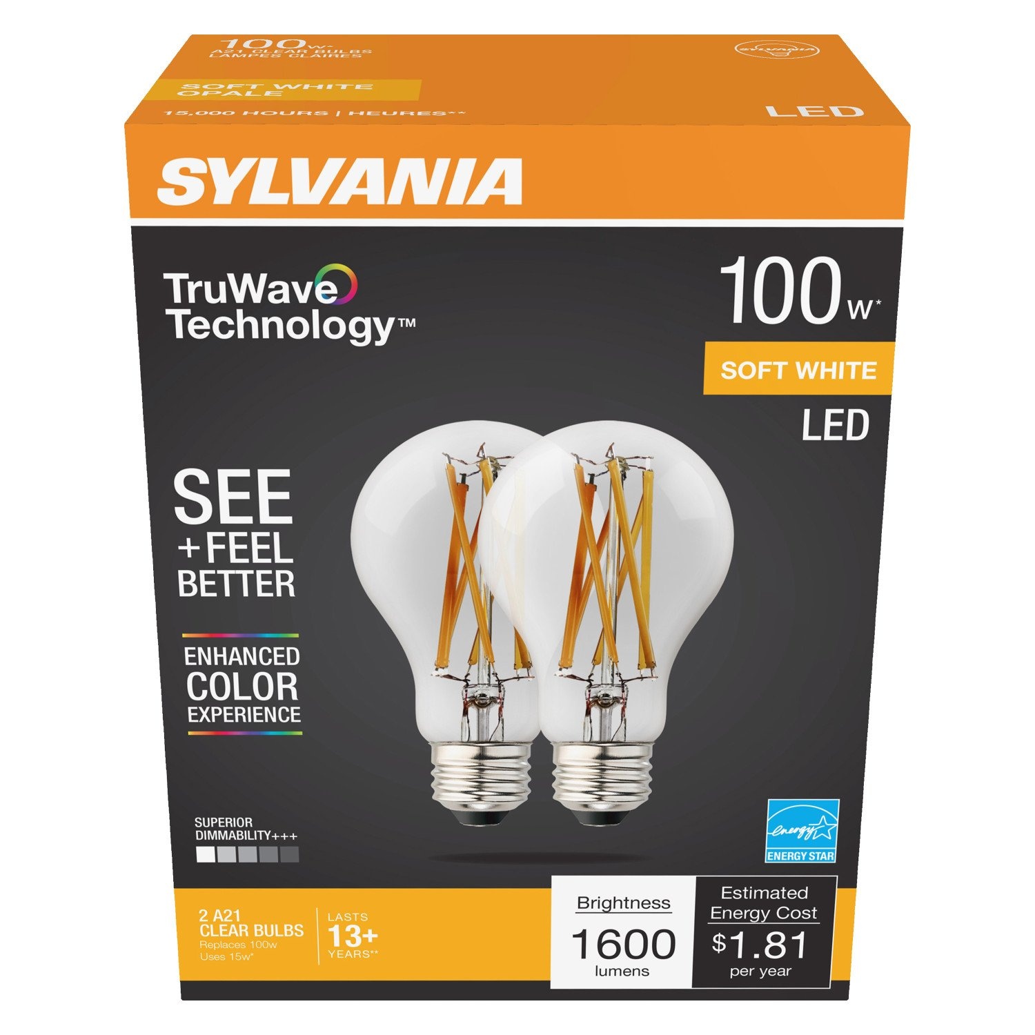 slide 1 of 1, Sylvania TruWave A21 100-Watt Clear Soft White LED Light Bulbs, 2 ct