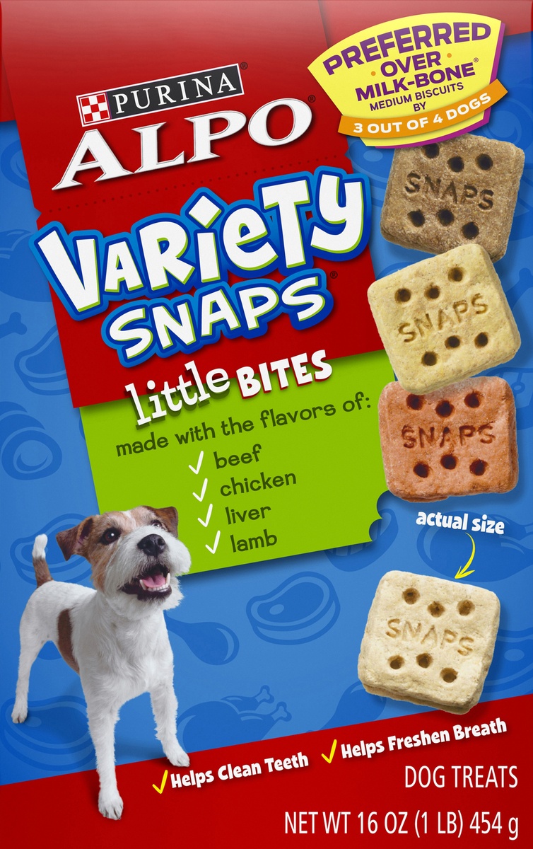 slide 8 of 9, ALPO Variety Snaps Little Bites Dog Treats With Real Beef, Chicken, Liver & Lamb Flavors, 16 oz