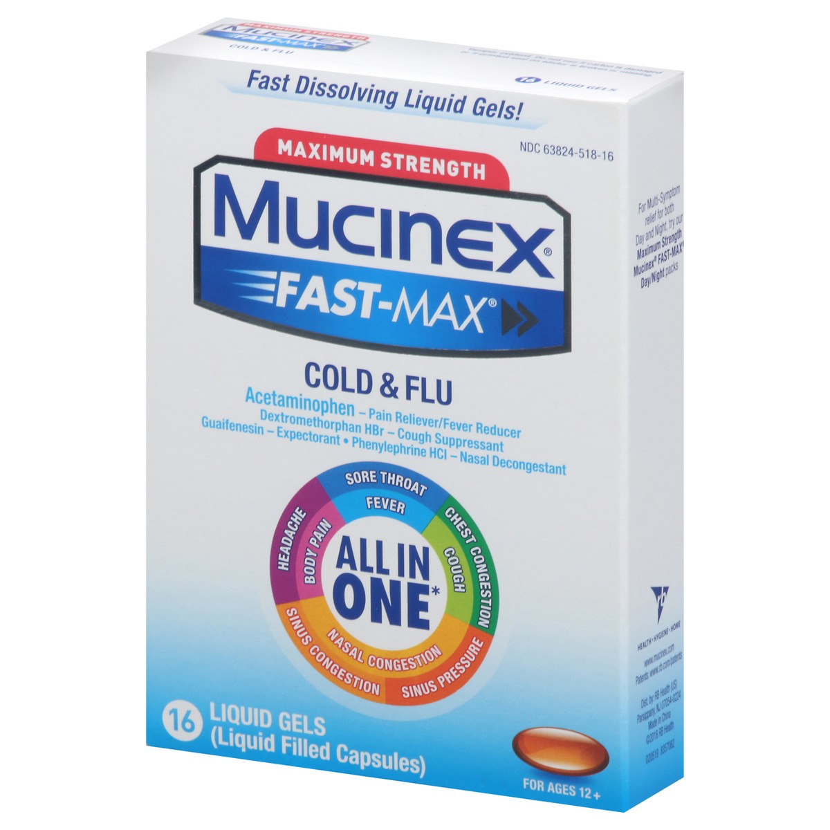 slide 3 of 9, Mucinex Maximum Strength Mucinex Fast-Max Cold & Flu All-In-One Liquid Gels, 16ct (Packaging May Vary), 16 oz