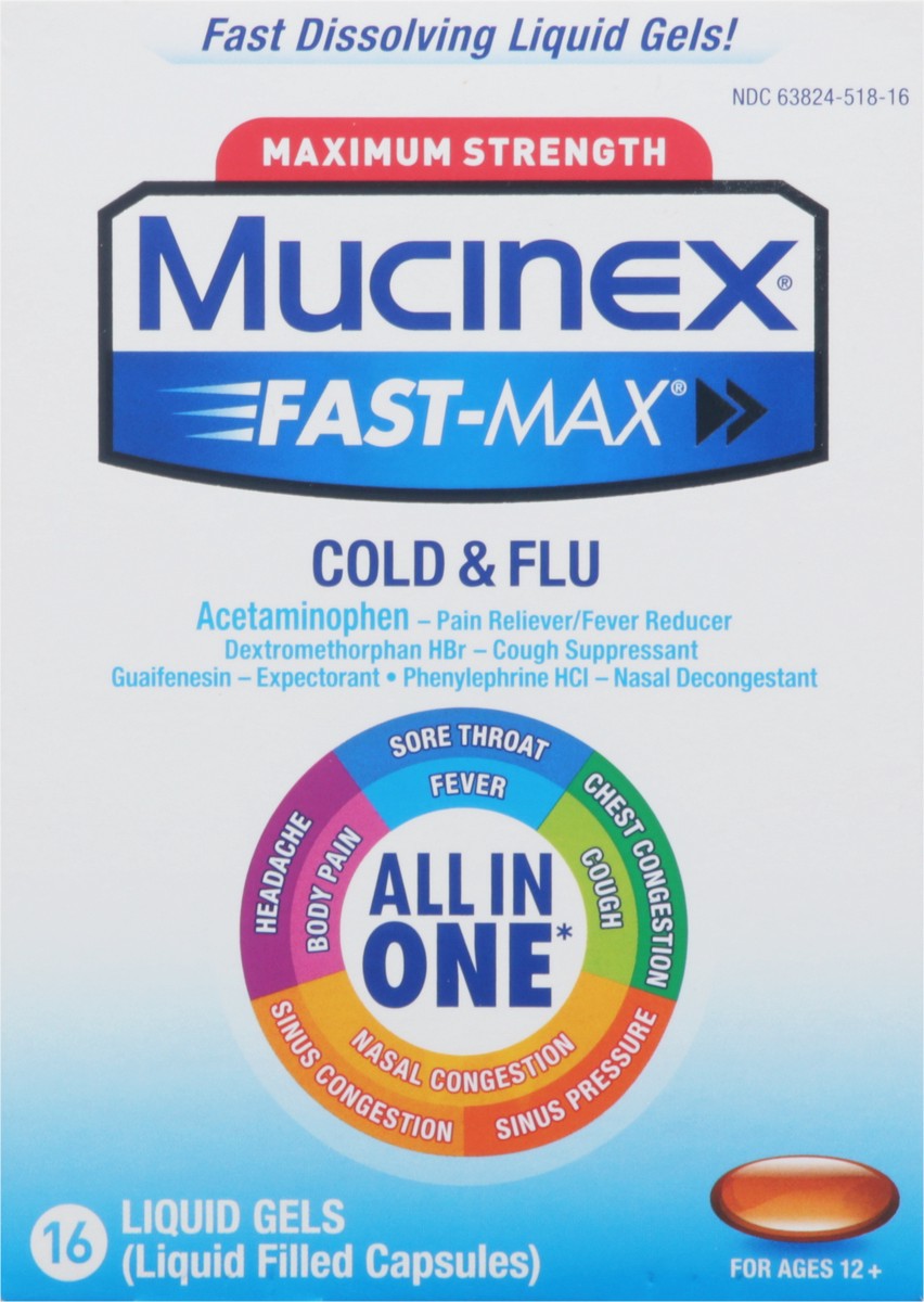 slide 6 of 9, Mucinex Maximum Strength Mucinex Fast-Max Cold & Flu All-In-One Liquid Gels, 16ct (Packaging May Vary), 16 oz