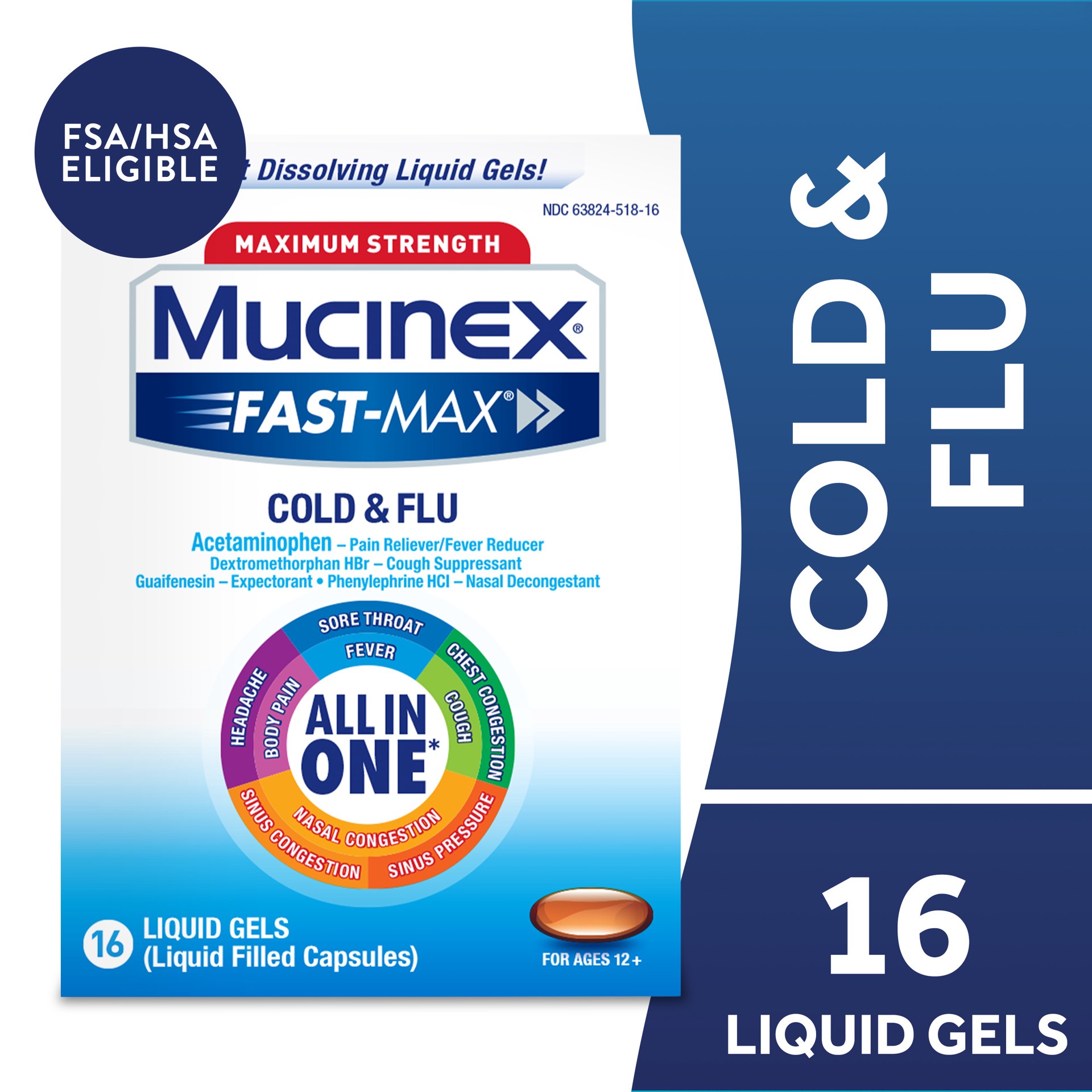 slide 1 of 9, Mucinex Maximum Strength Mucinex Fast-Max Cold & Flu All-In-One Liquid Gels, 16ct (Packaging May Vary), 16 oz