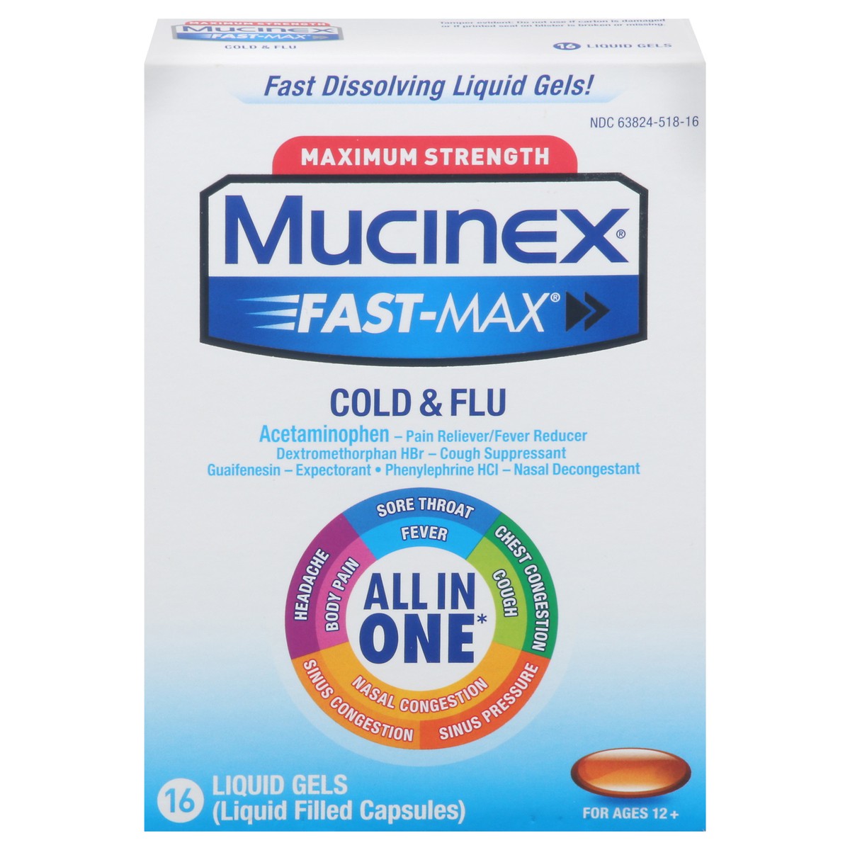 slide 1 of 9, Mucinex Maximum Strength Mucinex Fast-Max Cold & Flu All-In-One Liquid Gels, 16ct (Packaging May Vary), 16 oz