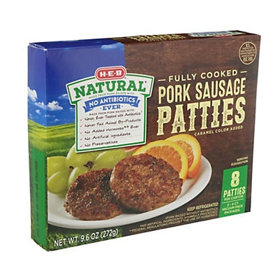 slide 1 of 1, H-E-B Fully Cooked Natural Pork Sausage Patties, 8 ct