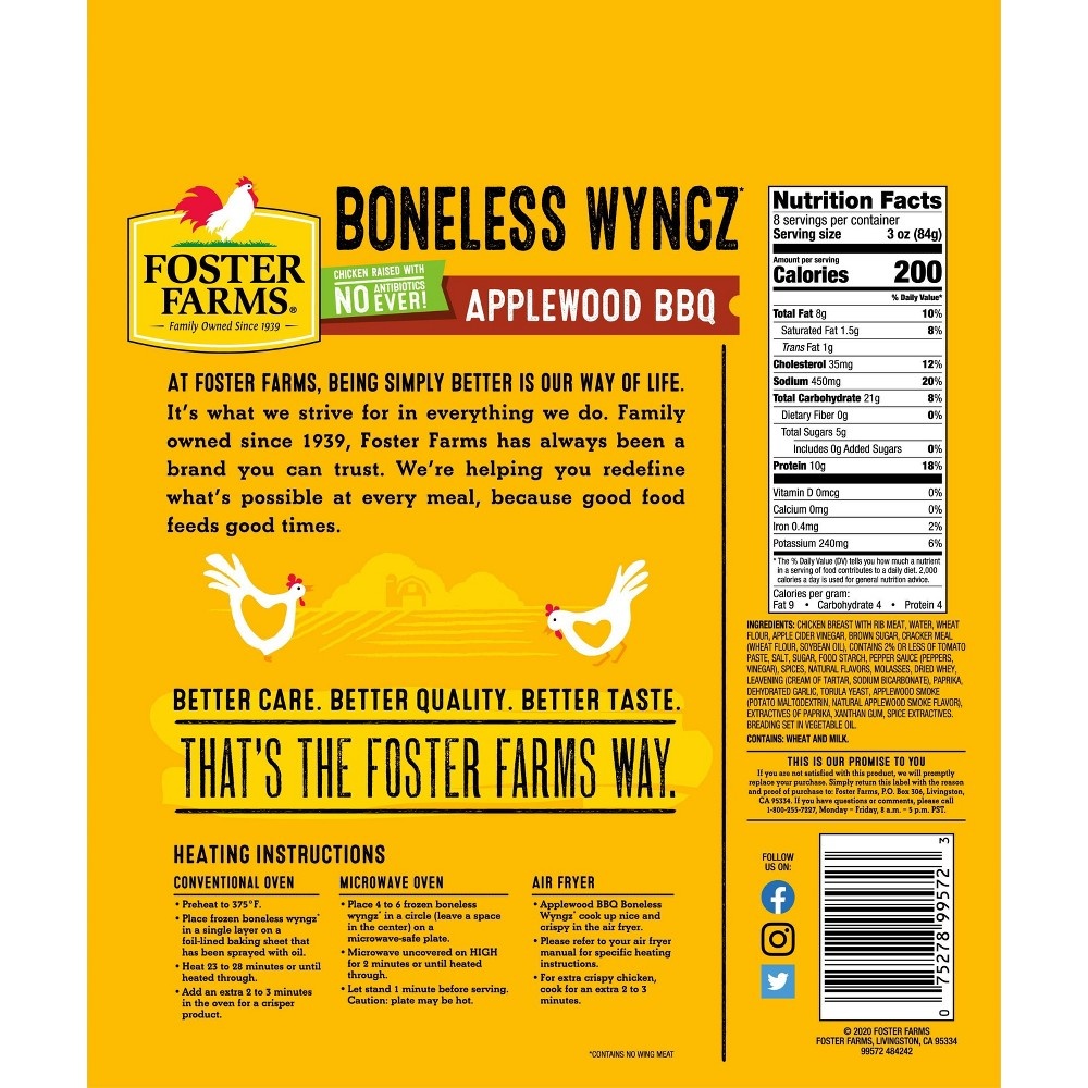 slide 2 of 2, Foster Farms Applewood BBQ Boneless Wings, 24 oz