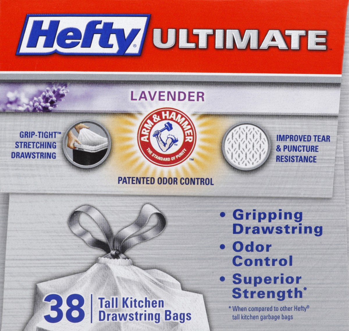 slide 2 of 4, Hefty Ultimate Flex Lavender Tall Kitchen Drawstring 13 Gallon Garbage Bags, 38 ct