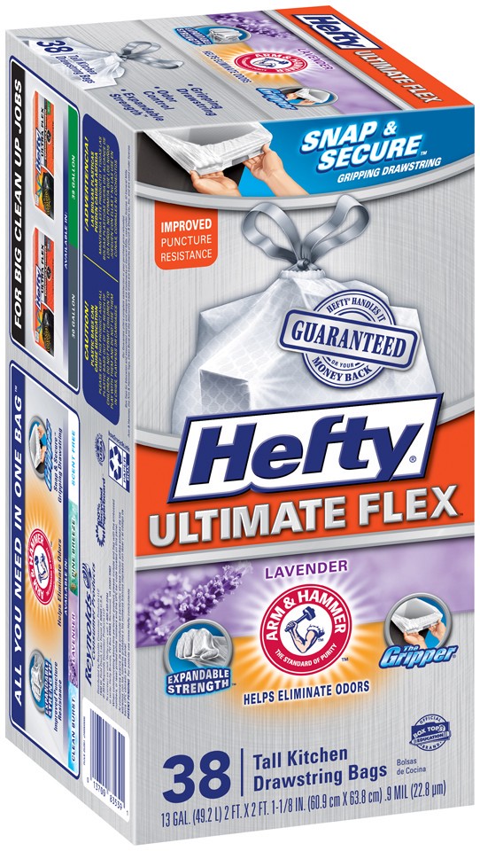 slide 1 of 4, Hefty Ultimate Flex Lavender Tall Kitchen Drawstring 13 Gallon Garbage Bags, 38 ct