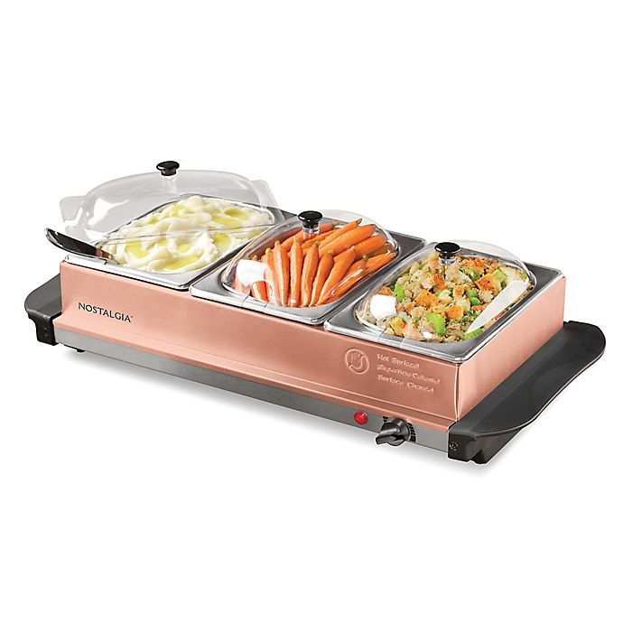 slide 1 of 5, Nostalgia 3-Station Buffet Server & Warming Tray - Copper, 1.5 qt