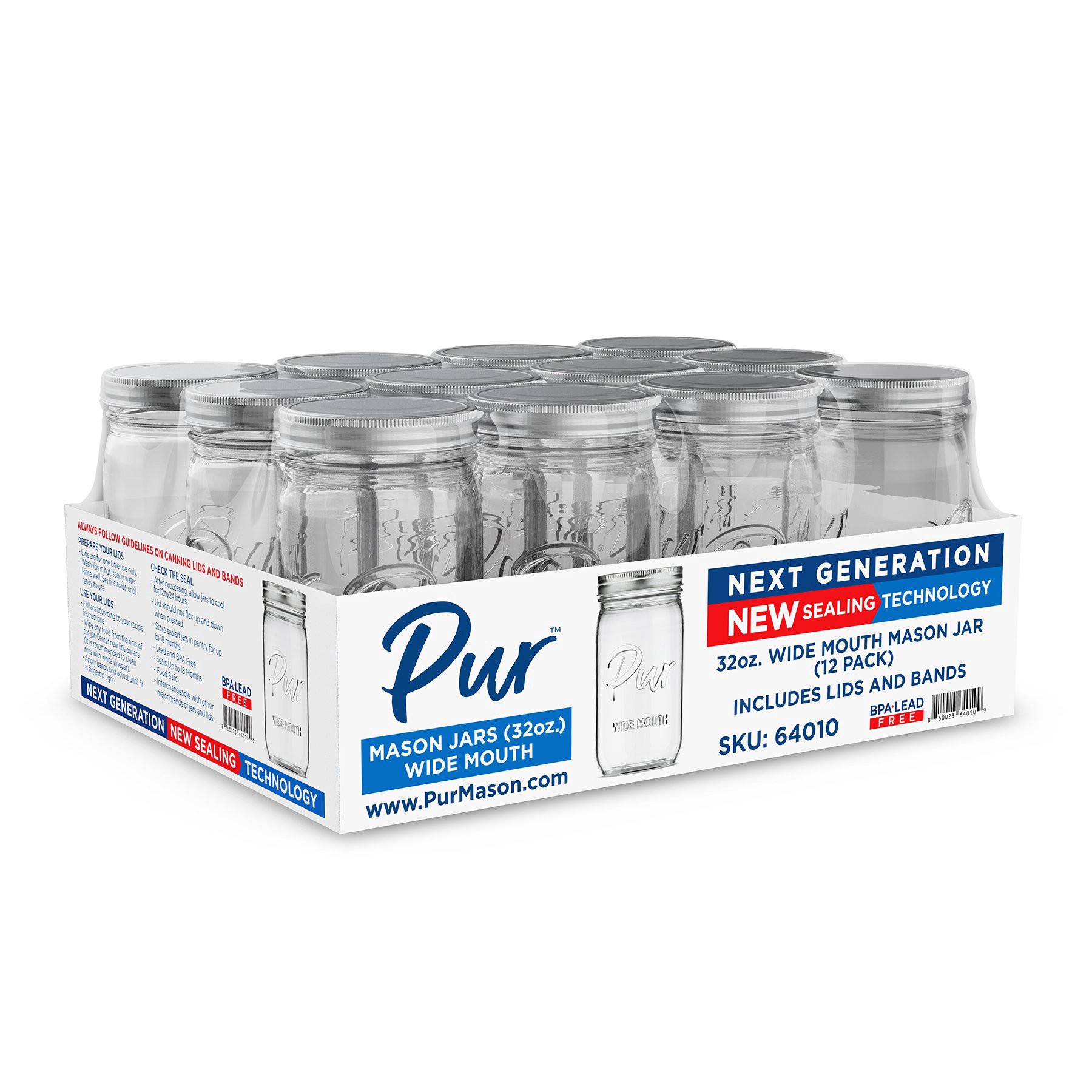 slide 1 of 1, Pur Wide Mouth Glass Mason Jars, 12 pk, 32 oz