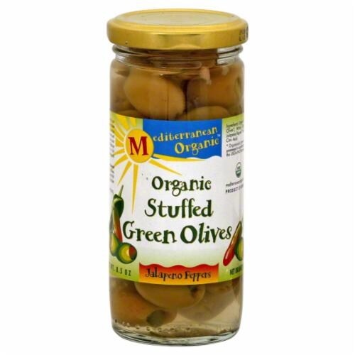 slide 1 of 1, Mediterranean Organic Olives, Organic, Green, Stuffed, Jalapeno, 9 oz