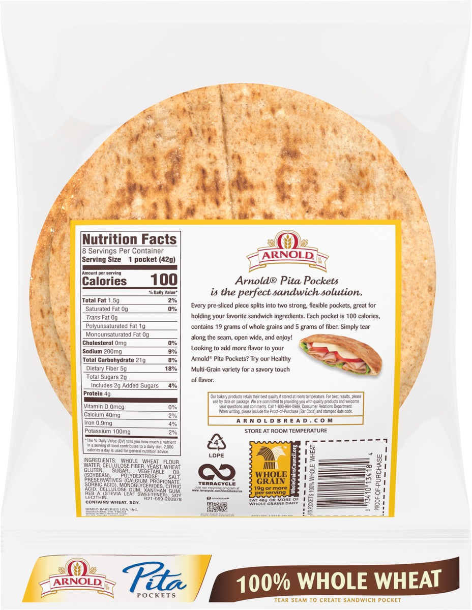 slide 5 of 7, Arnold 100% Whole Wheat Pita Pocket Thin Zip 8 Ct 11.75 Oz, 8 ct