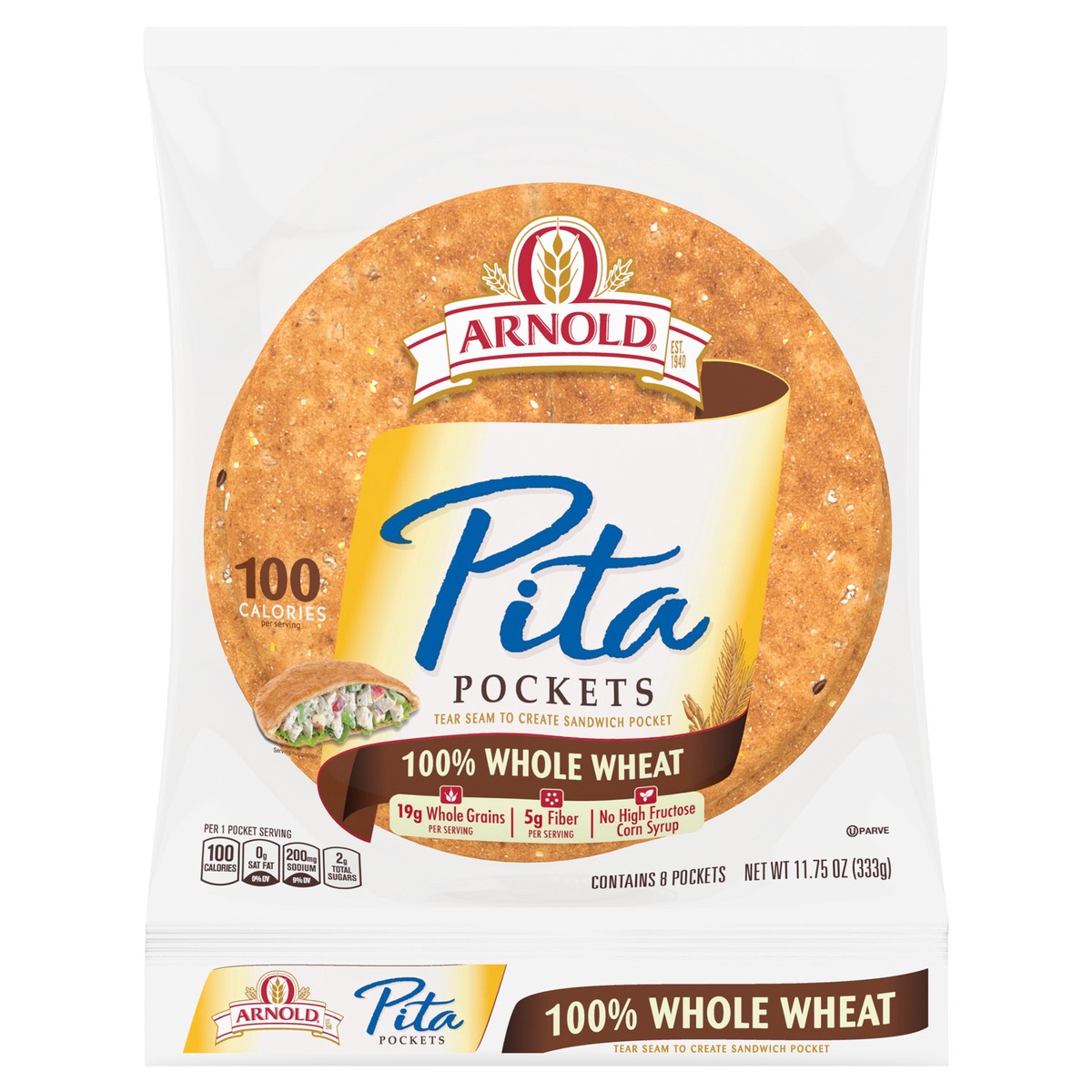 slide 1 of 7, Arnold 100% Whole Wheat Pita Pocket Thin Zip 8 Ct 11.75 Oz, 8 ct