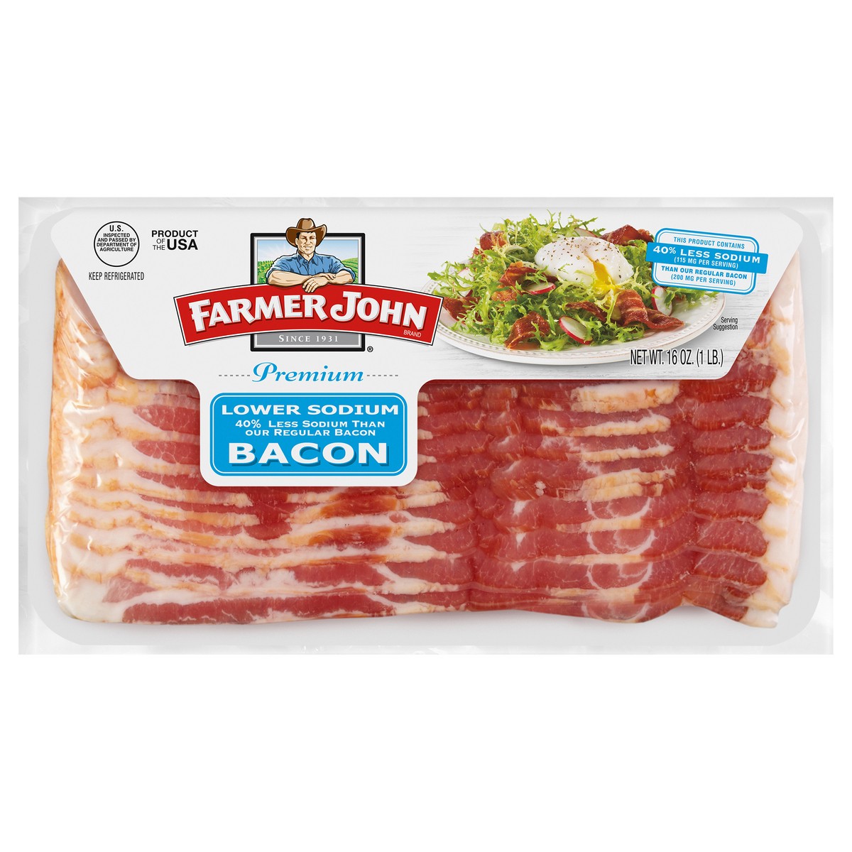 slide 2 of 8, Farmer John Lower Sodium Bacon, 16 oz