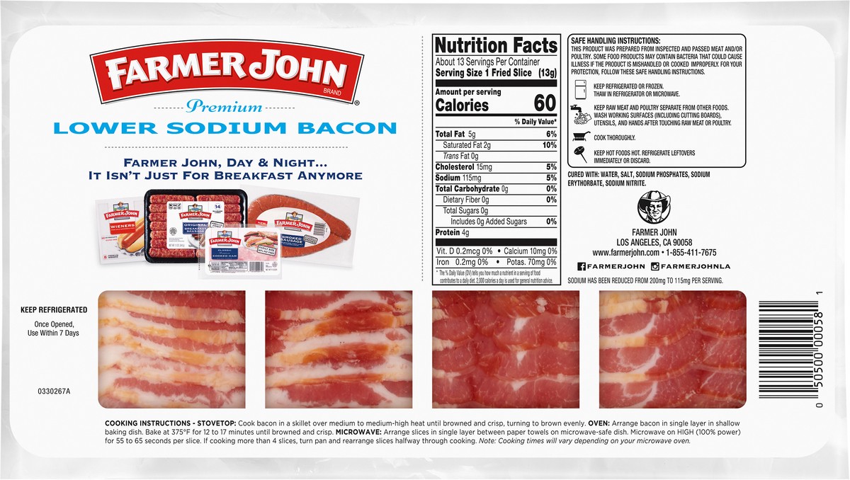 slide 6 of 8, Farmer John Lower Sodium Bacon, 16 oz