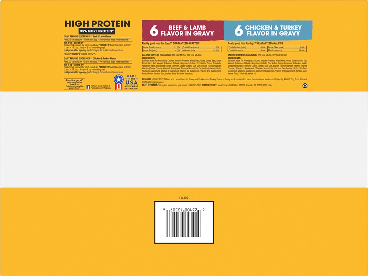 slide 3 of 9, PEDIGREE High Protein Adult Canned Wet Dog Food Variety Pack, Chicken & Turkey Flavor in Gravy and Beef & Lamb Flavor in Gravy, (12) 13.2 oz. Cans, 12 ct