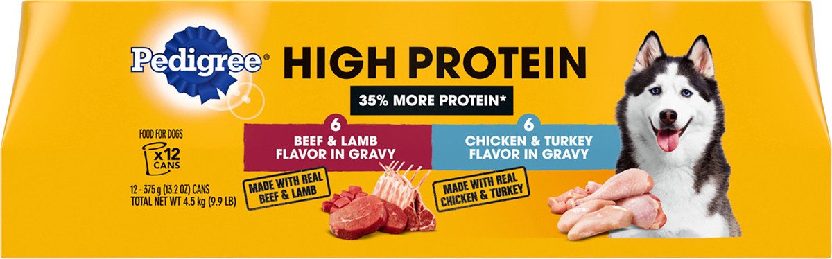 slide 6 of 9, PEDIGREE High Protein Adult Canned Wet Dog Food Variety Pack, Chicken & Turkey Flavor in Gravy and Beef & Lamb Flavor in Gravy, (12) 13.2 oz. Cans, 12 ct