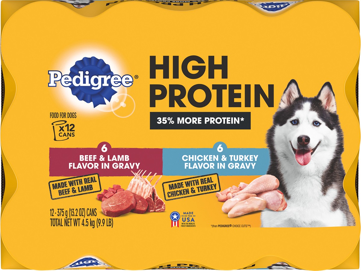 slide 2 of 9, PEDIGREE High Protein Adult Canned Wet Dog Food Variety Pack, Chicken & Turkey Flavor in Gravy and Beef & Lamb Flavor in Gravy, (12) 13.2 oz. Cans, 12 ct