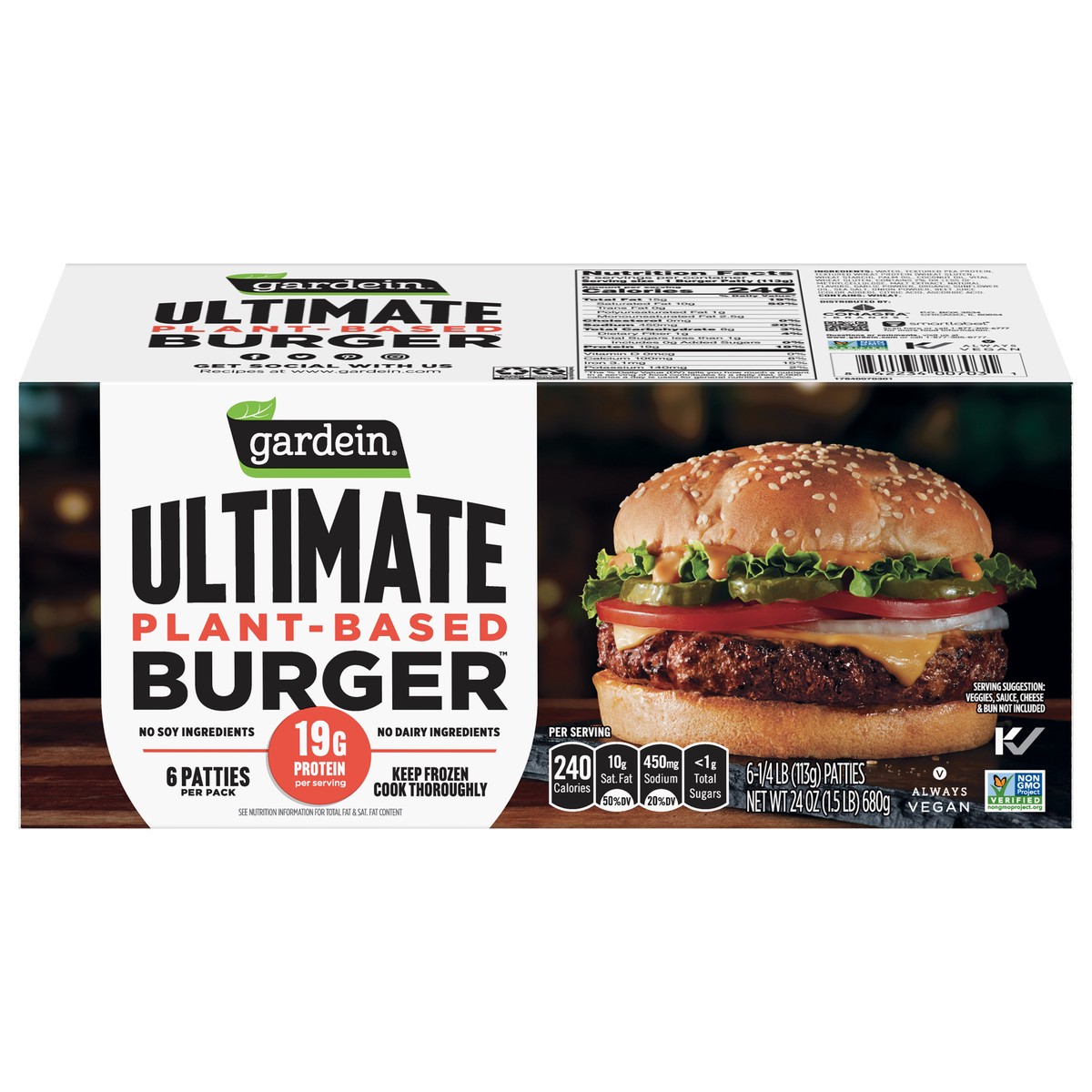 slide 1 of 9, Gardein Ultimate Plant-Based Burger 6 - 0.25 lb Patties, 6 ct