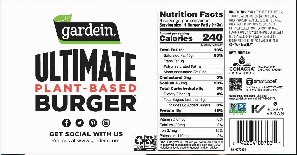 slide 2 of 9, Gardein Ultimate Plant-Based Burger 6 - 0.25 lb Patties, 6 ct